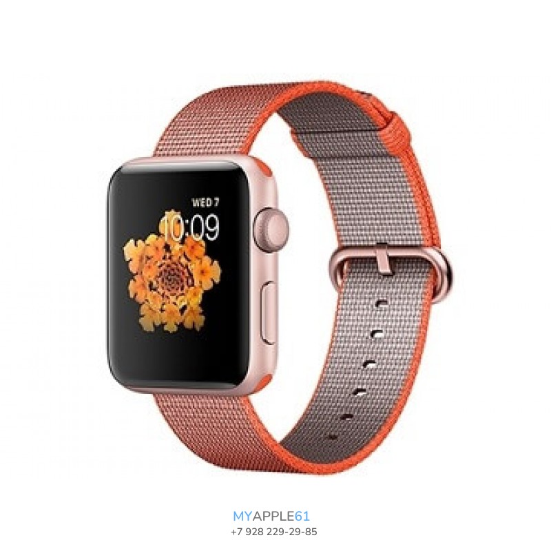 Apple Watch Series 2, 42 мм, алюминиевый  корпус розовое золото, плетёный нейлоновый оранжевый космос-антрацит